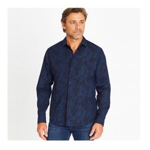 Visconti Black Men's Long Sleeve Geo Houndstooth Cotton Shirt Blue Size XL